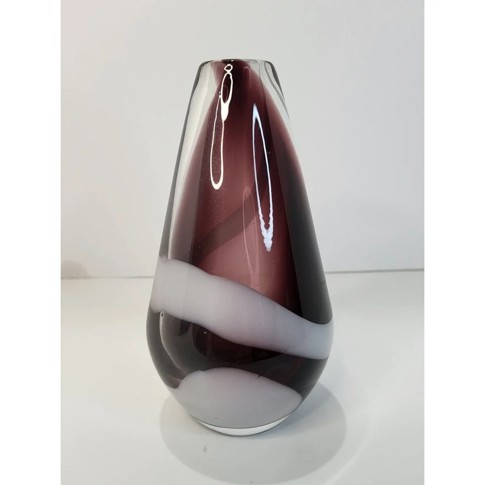 Hand Blown Art Glass Teardrop Vase Plum Burgundy with White Swirl 6.25 inch
